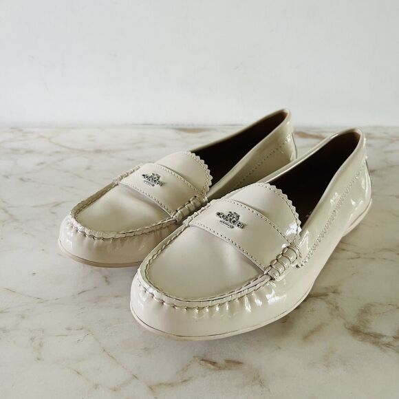 COACH Odette Solid Ivory Patent Leather Driver Loafer Silver Logo - US 6.5 - Picture 1 of 8